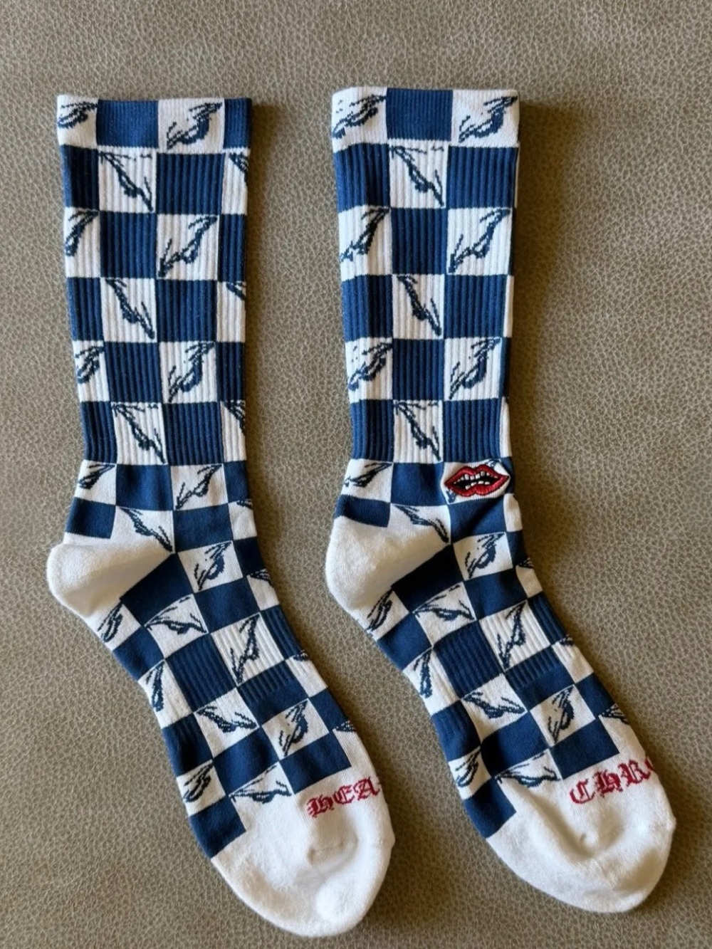 Chrome Hearts Blue and White Checkerboard Crew Socks with Lip Patch